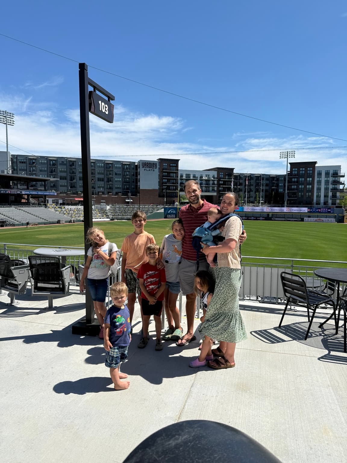 Paul Niedfeldt with his wife and seven children at the Knoxville Smokies stadium